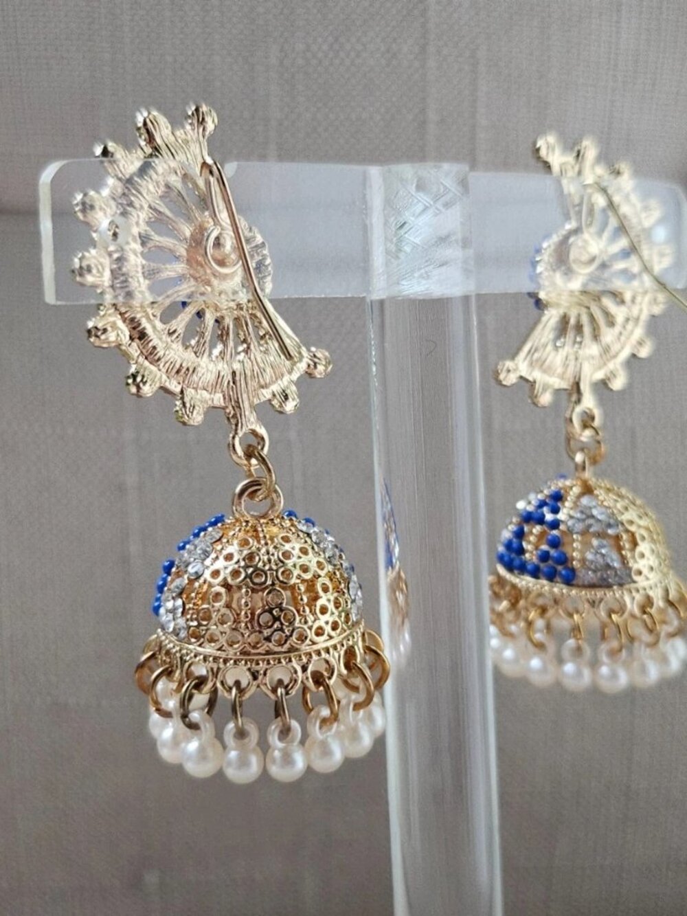 Jhumka Earrings Blue Tone Bead Gold Tone Chandelier High Quality Fashion Jewelry - Picture 11 of 12